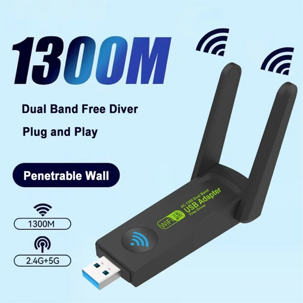 Adaptador USB de buceo libre dual banda negro con antena conectado a un puerto de computadora.