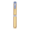A gold and blue reusable injection pen with an adjustable cartridge.