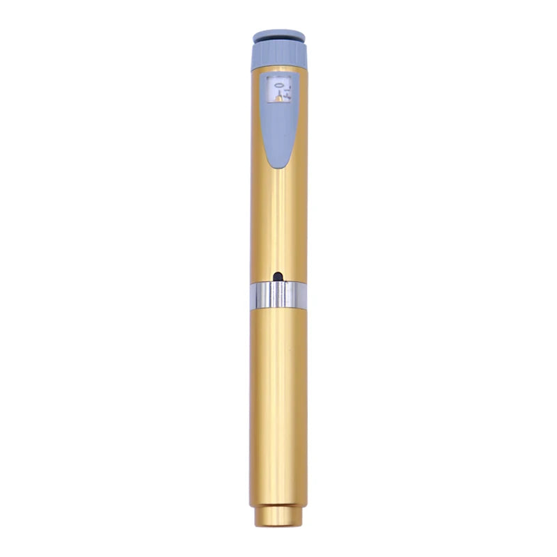 A gold and blue reusable injection pen with an adjustable cartridge.
