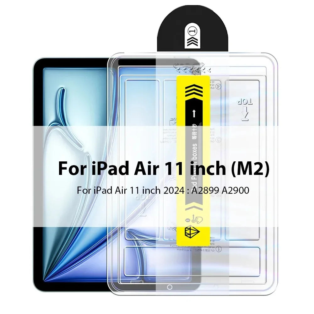 A clear plastic case showing an iPad Air 11 inch (M2) with a tempered glass screen protector inside.