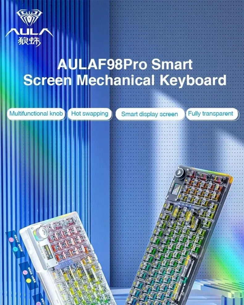 A close-up view of the AULA98Pro Smart Screen Mechanical Keyboard showing its transparent design and colorful switches.