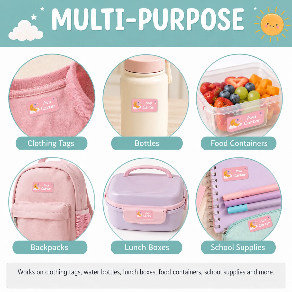 Vielseitiges Organisationsset mit Klebeflächen, Flaschen, Lebensmittelbehältern, Rucksäcken, Lunchboxen und Schulmaterial