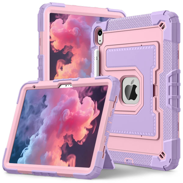 A pink silicone protective case for an Apple iPad is shown, with a separate iPad inside.