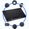 A black multi-device Bluetooth keyboard and mouse combo shown with various components highlighted in a circular diagram.