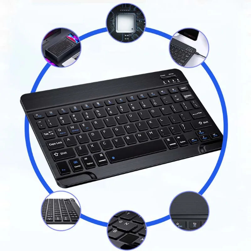 A black multi-device Bluetooth keyboard and mouse combo shown with various components highlighted in a circular diagram.