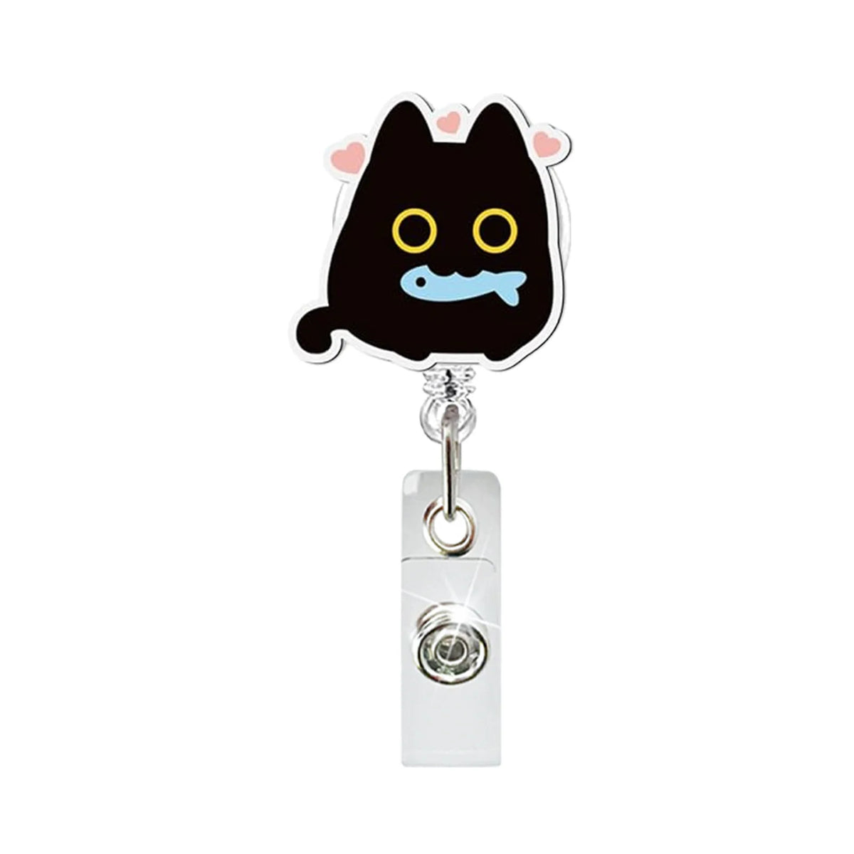 A black cat charm with yellow eyes and a blue tongue attached to a silver retractable ID badge holder.