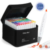 A black box containing a set of 100 color art markers and an orange dual-tipped marker pen.