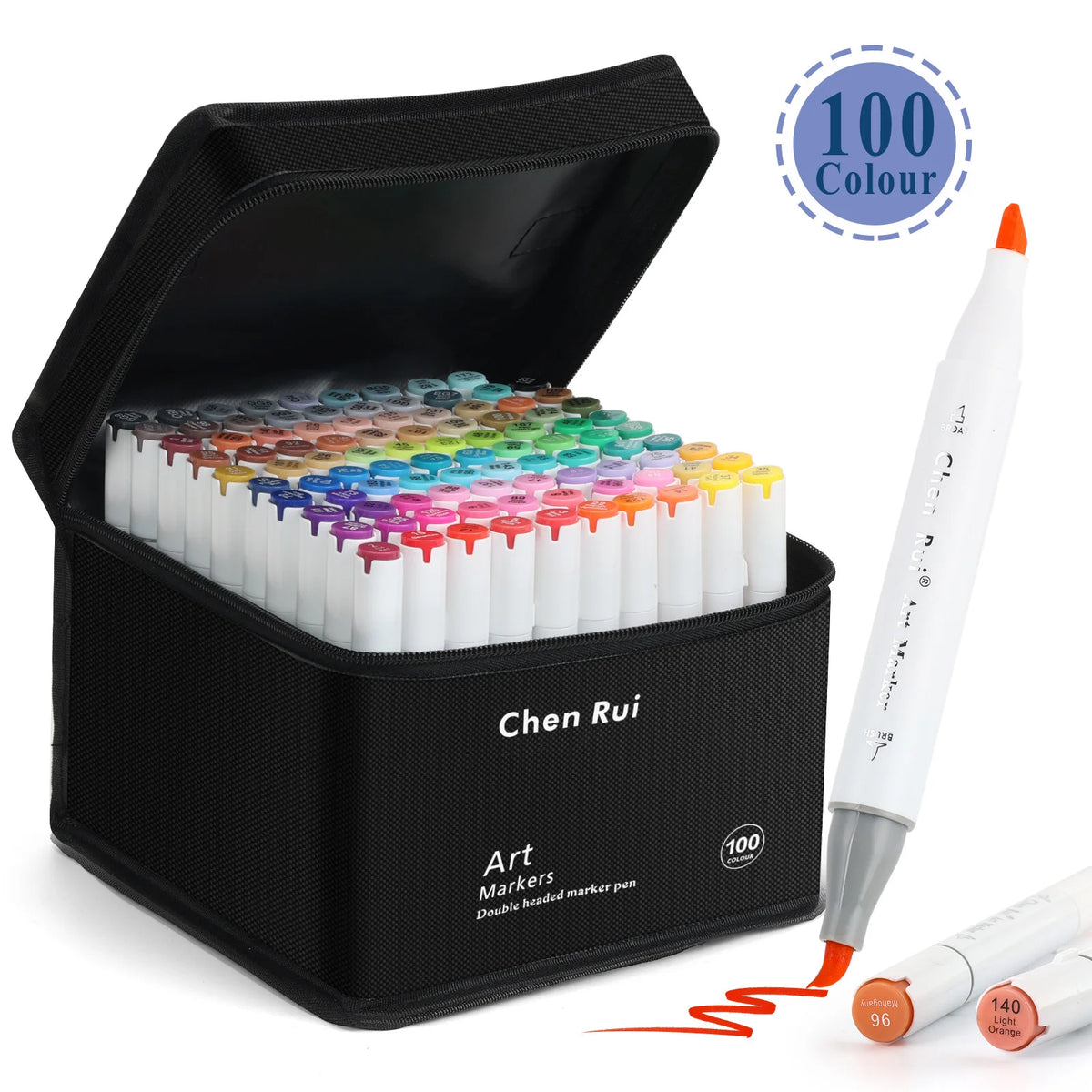 A black box containing a set of 100 color art markers and an orange dual-tipped marker pen.