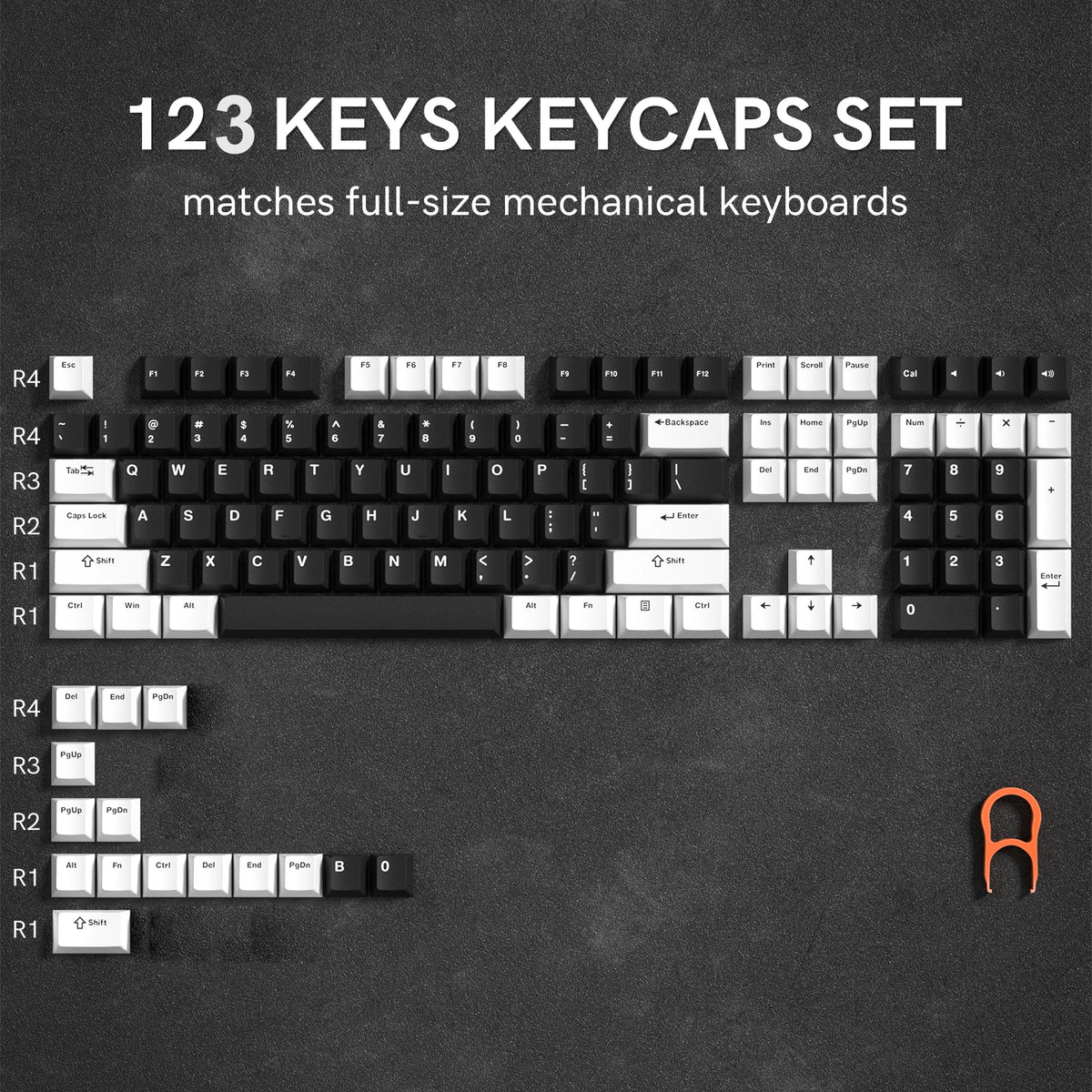 A set of 123 mechanical keyboard keycaps, including various letter, number, and function keys.