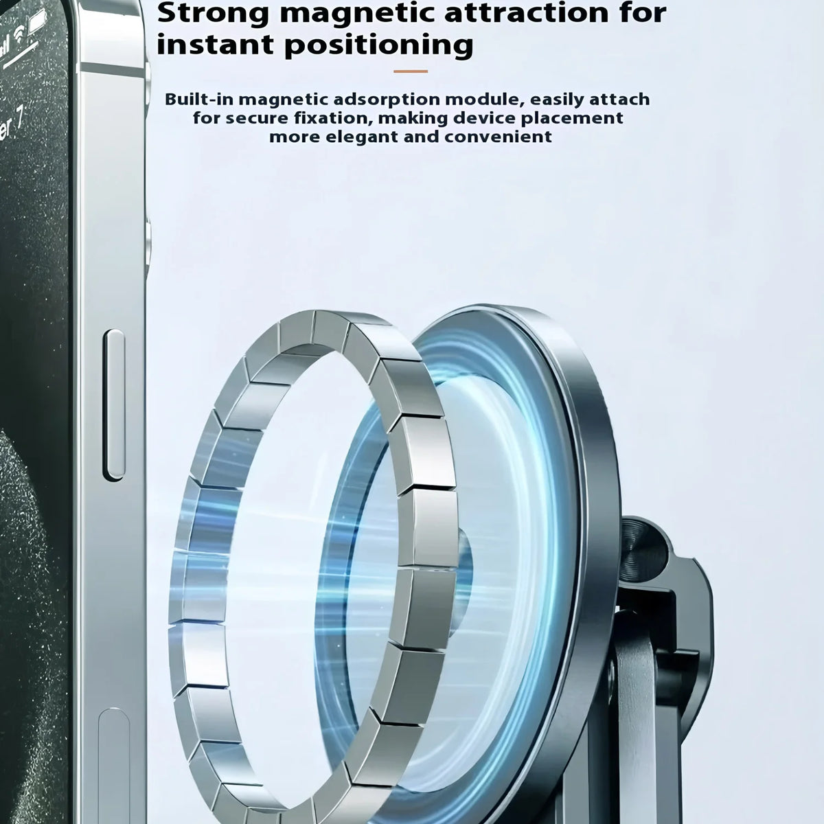 Close-up of a silver magnetic phone holder accessory designed for secure device placement.