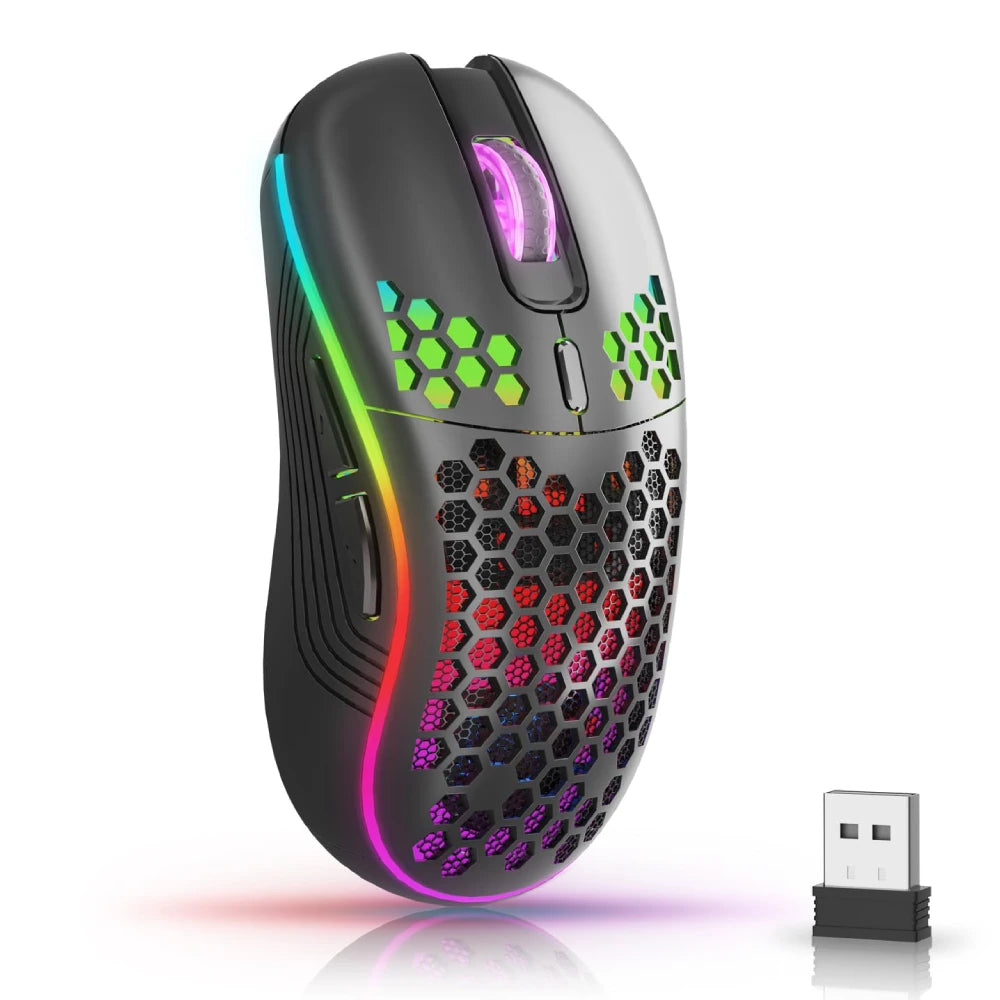 A black gaming mouse with vibrant RGB lighting accents and a textured grip is shown on a white surface.