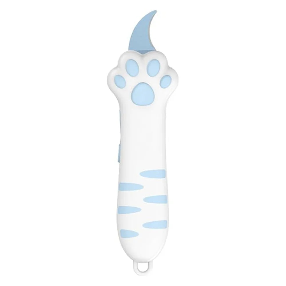A white cat paw-shaped box cutter with a light blue handle and blade.