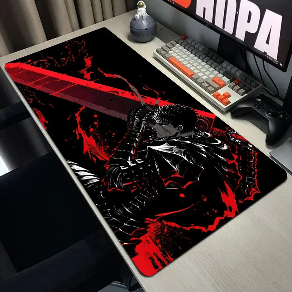 A large black mouse pad featuring a dark, stylized illustration of a character in a fierce pose with red accents.