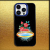 Black iPhone case featuring a floral design with the text San Judas Tadeo and a depiction of a globe.