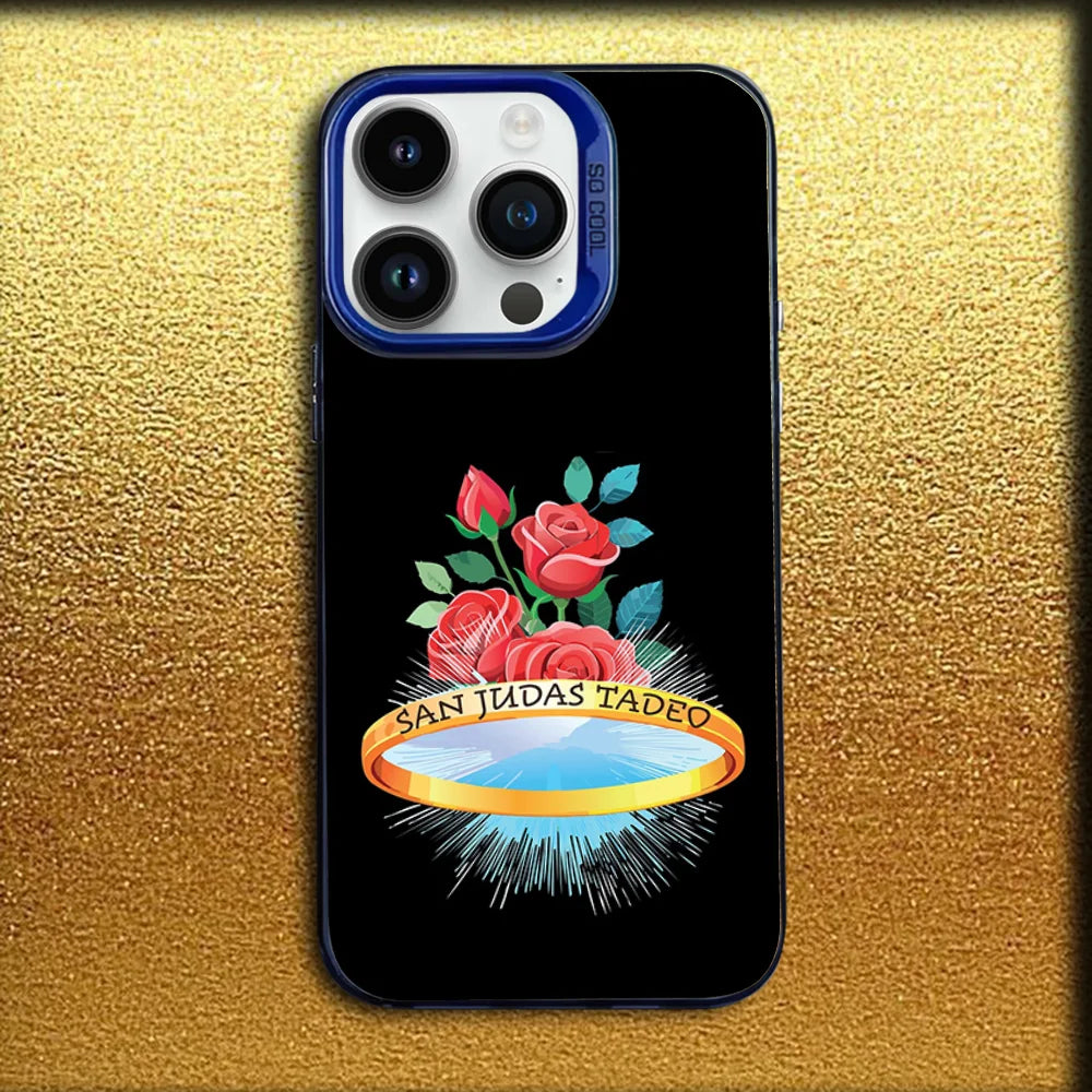 Black iPhone case featuring a floral design with the text San Judas Tadeo and a depiction of a globe.