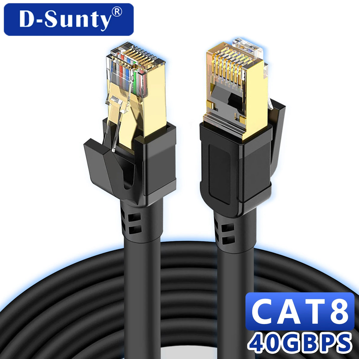 D-Sunty Cat8 40Gbps Ethernet patch cable with gold connectors and black cable jacket