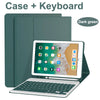A dark green Bluetooth keyboard case for an iPad, showing the case and a laptop keyboard.
