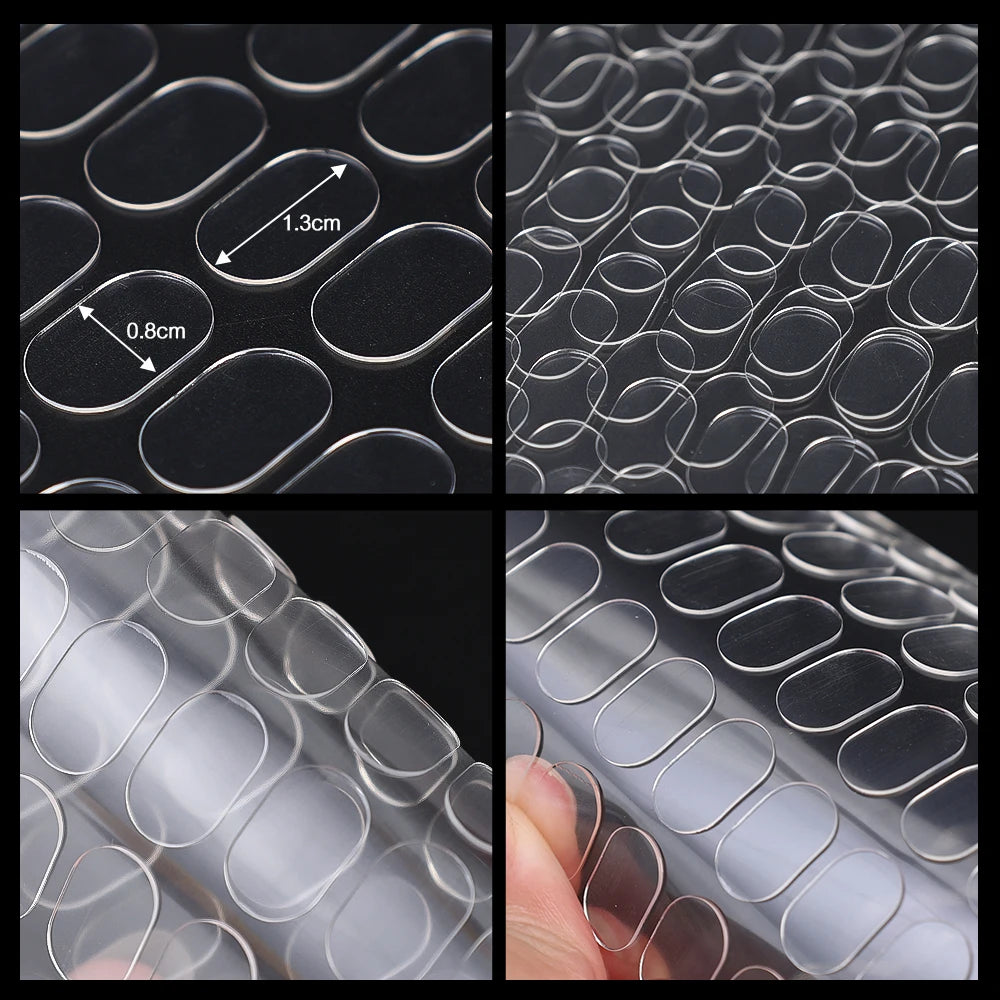 Close-up images showing various sizes and cross-sections of double-sided adhesive fixer pads.