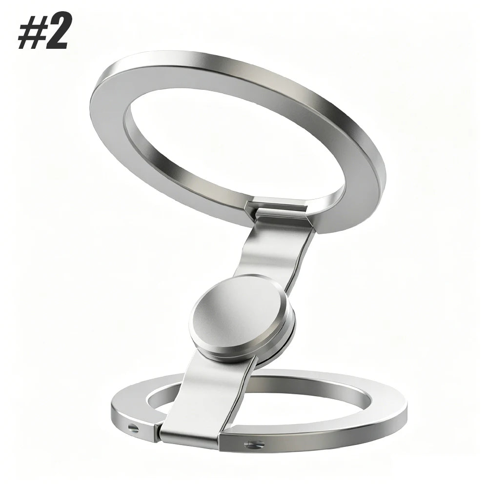 Silver magnetic foldable phone stand with a fidget spinner component.