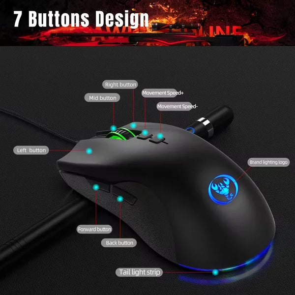 A black gaming mouse with seven buttons, including left, right, mid, forward, back, and tail light strip.