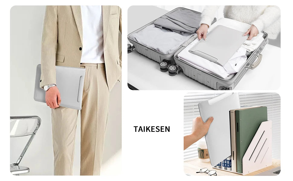 Ein beigefarbener Laptop-Sleeve wird von einer Person getragen, zusammen mit einem grauen Koffer voller anderer Gegenstände u