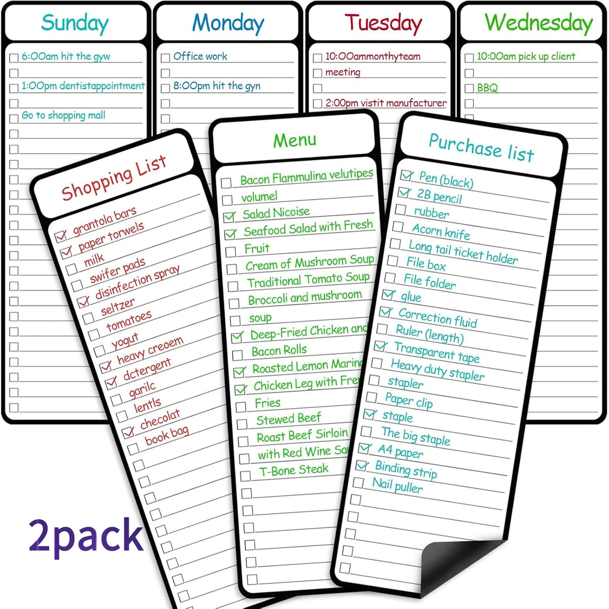 A set of magnetic whiteboard sheets for weekly planning showing Sunday through Wednesday layouts and a purchase list.