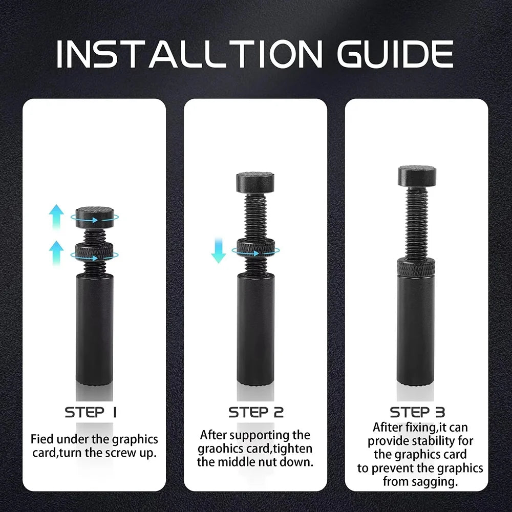 Installation guide showing three steps for installing an adjustable magnetic GPU support bracket
