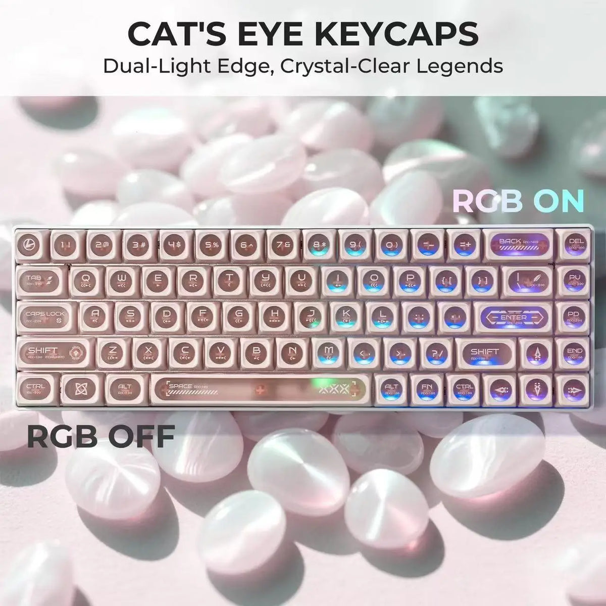 A close-up of pink and white translucent keycaps for a mechanical keyboard, featuring dual-light edges and crystal-clear lege
