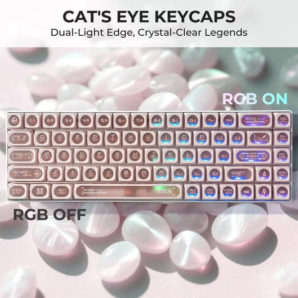 A close-up of pink and white translucent keycaps for a mechanical keyboard, featuring dual-light edges and crystal-clear lege