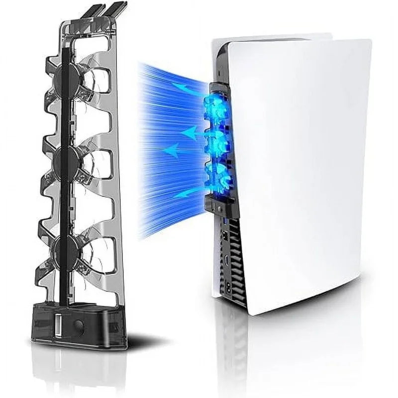 A PS5 cooling fan with an LED light is shown, emitting a blue light beam.