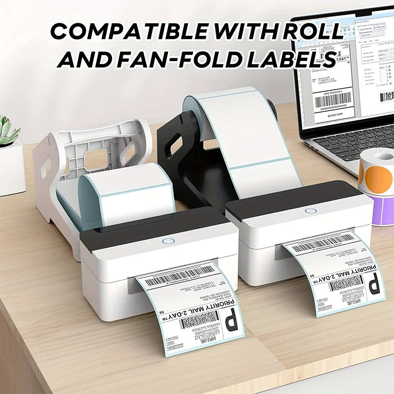 A white and black 2-in-1 thermal label holder is shown with rolls and fan-folded labels on a wooden surface.