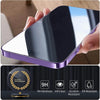 A hand holds a smartphone with a purple frame and a clear tempered glass screen protector, highlighting its 9H hardness and s