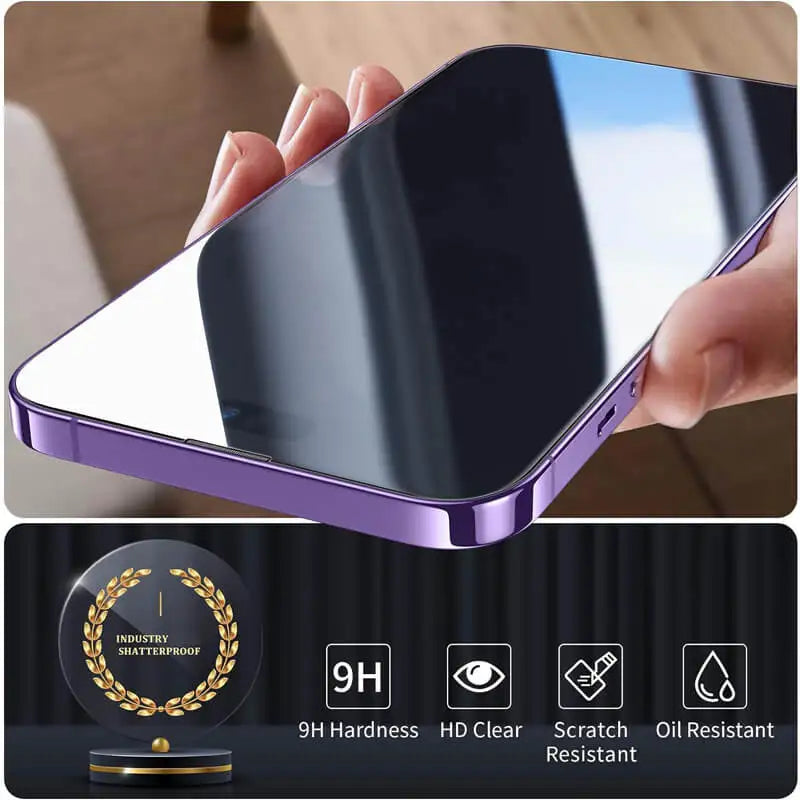 A hand holds a smartphone with a purple frame and a clear tempered glass screen protector, highlighting its 9H hardness and s