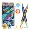 A set of 36 dual-tip glitter markers and two glitter paint markers with fruit and star designs.