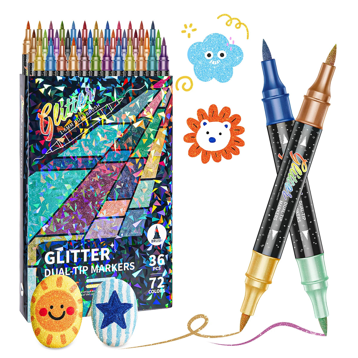 A set of 36 dual-tip glitter markers and two glitter paint markers with fruit and star designs.