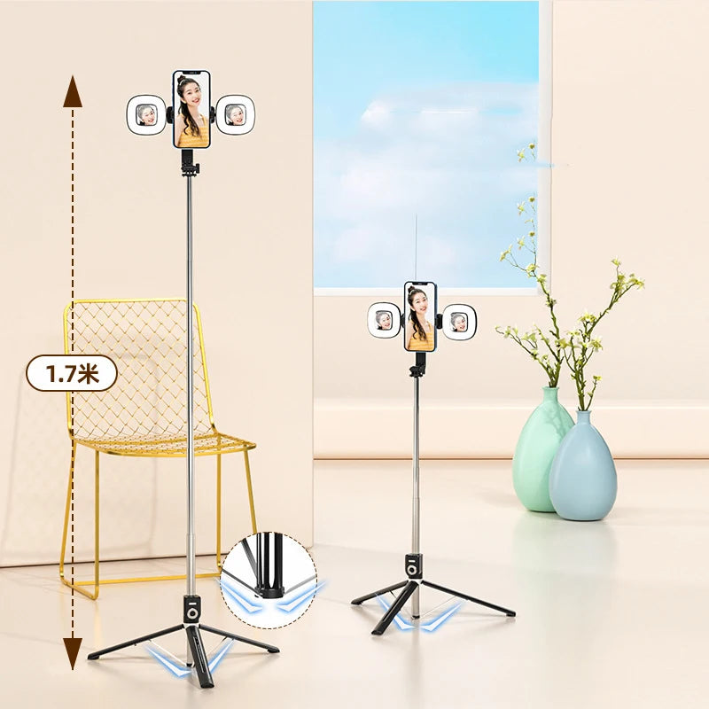 A 4-in-1 extendable phone tripod with an LED ring light and mirror shown in various configurations.