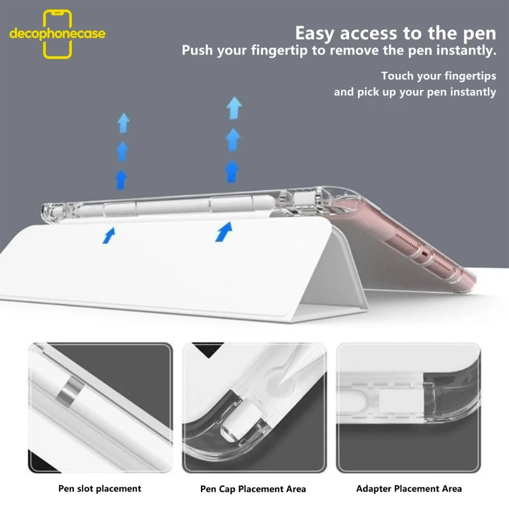 Vista cercana de un estuche transparente para bolígrafo que muestra varias áreas de colocación para un bolígrafo y adaptador.