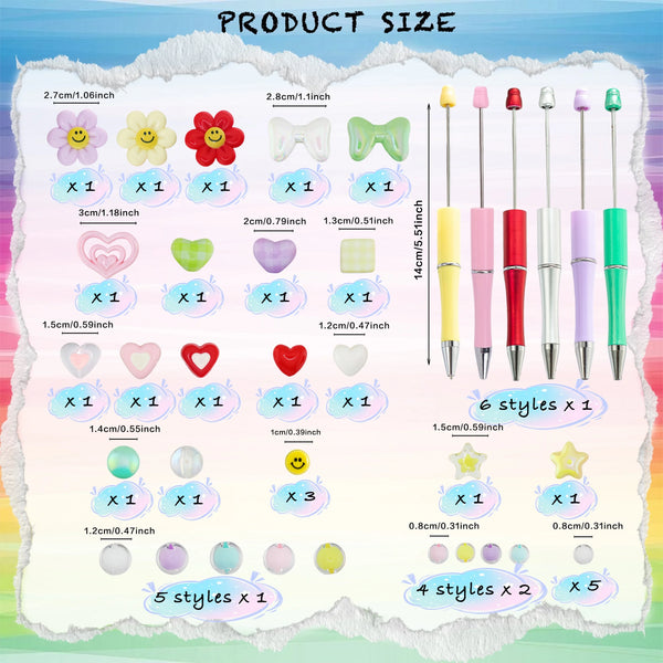 A variety of colorful beaded ballpoint pens and various sized beads are displayed in a product size chart.