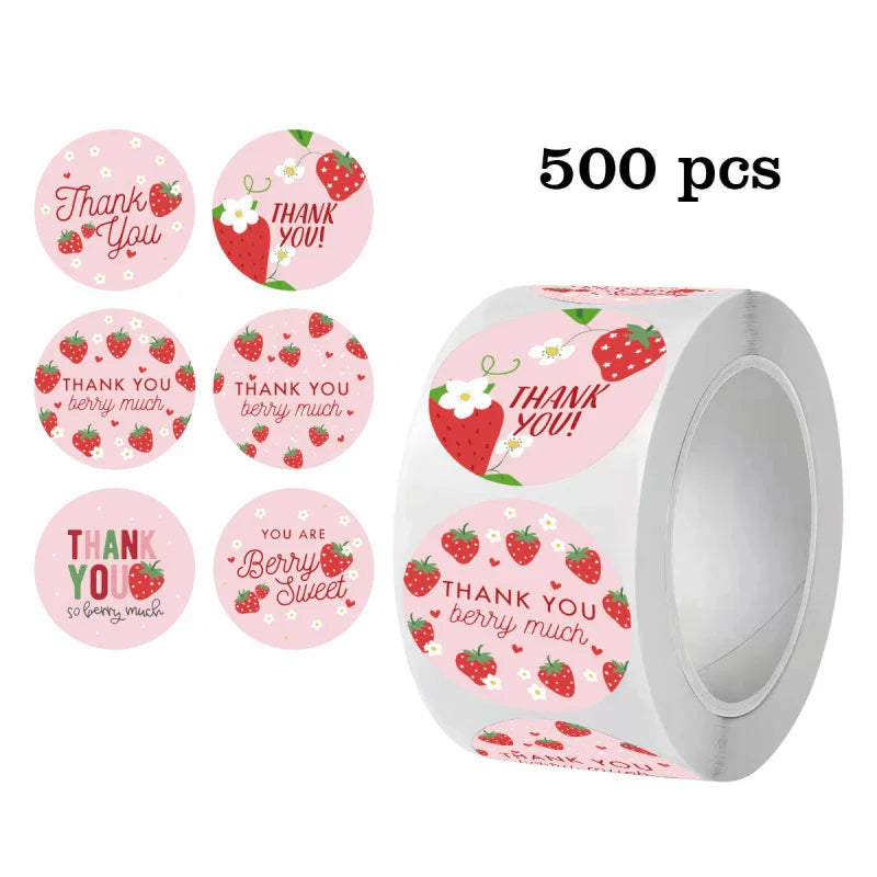 A set of 500 adhesive stickers featuring thank you messages and strawberry designs.