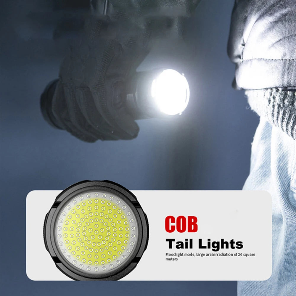 Close-up view of a COB tail light module being held, showing its bright illumination and lens design.