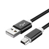 A black braided mini USB to USB charging and data sync cable with metal connectors.