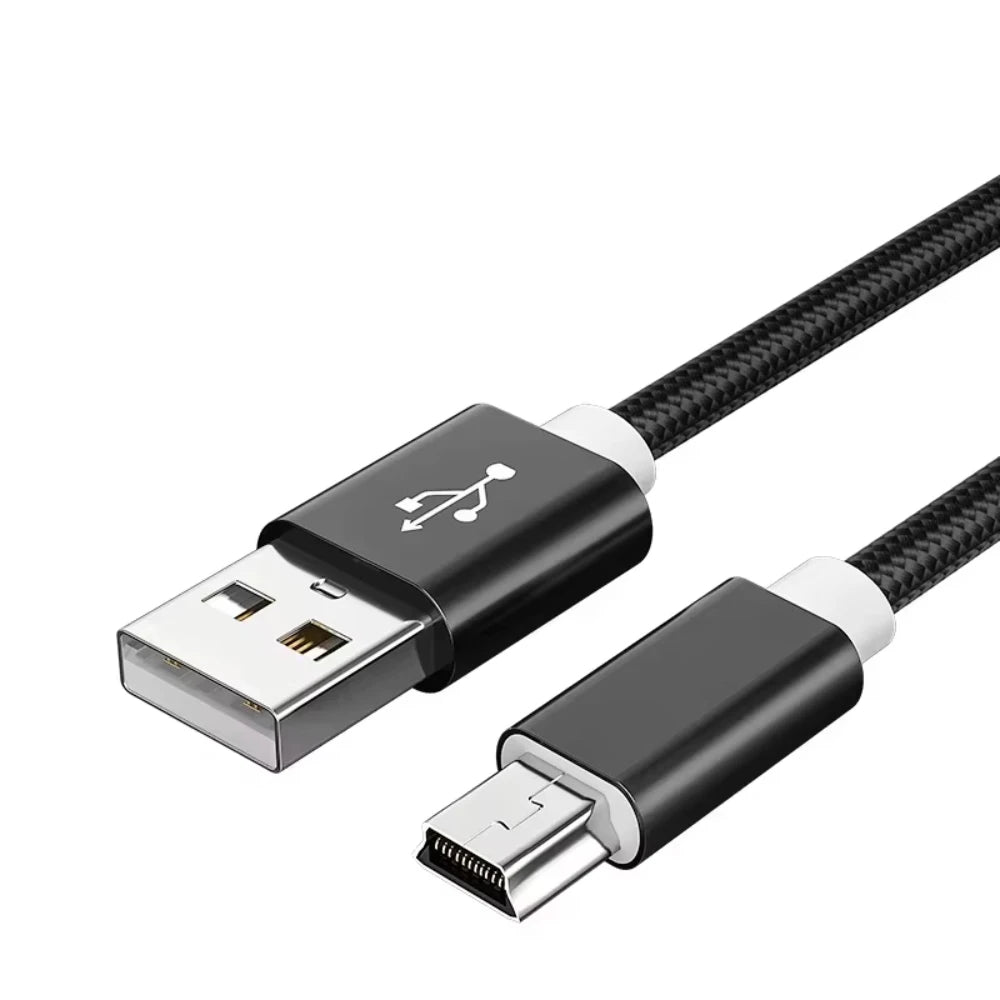 A black braided mini USB to USB charging and data sync cable with metal connectors.