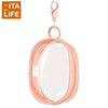 A small, clear pink bag with a loop closure and a keychain attachment.