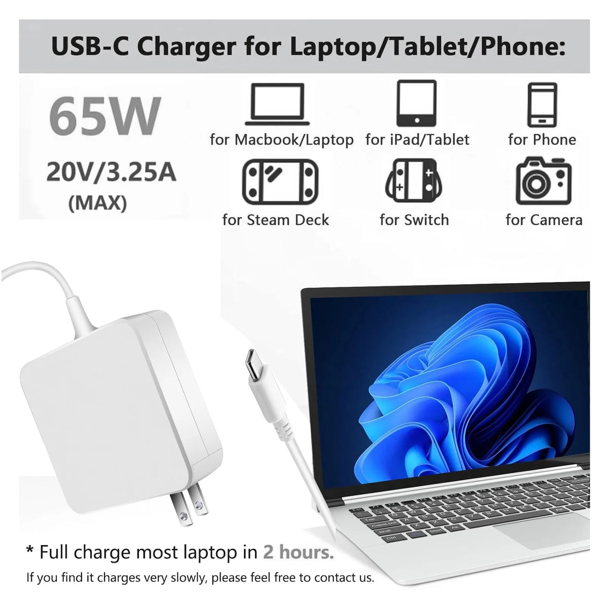 Adaptateur chargeur USB-C blanc 65W à côté d'icônes d'ordinateur portable, tablette et téléphone.