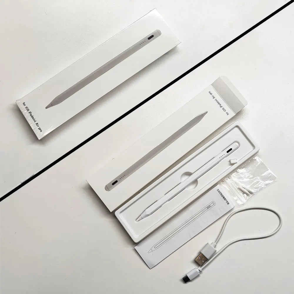 Weiße Präzisions-Stift-Stift für iPad zum Zeichnen und Notieren mit Verpackung und Ladekabel.