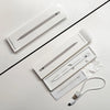 A white precision stylus pen with an LED indicator is shown next to its packaging and charging cable.