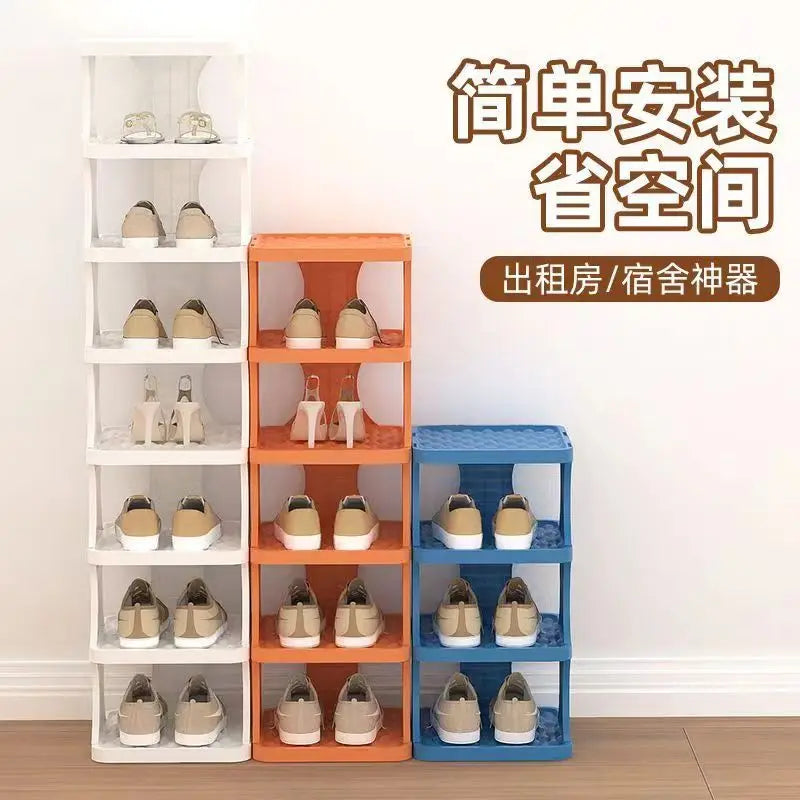 A display of portable plastic shoe hangers in white and beige colors on white and blue shelving.