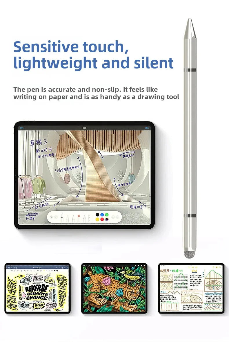 Un bolígrafo stylus magnético plateado junto a una tableta con aplicaciones de escritura y dibujo.