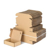 A stack of brown kraft gift boxes, approximately ten in number, are shown on a white background.