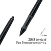 A black professional graphic digital drawing pen showing 2048 levels of pen pressure sensitivity.